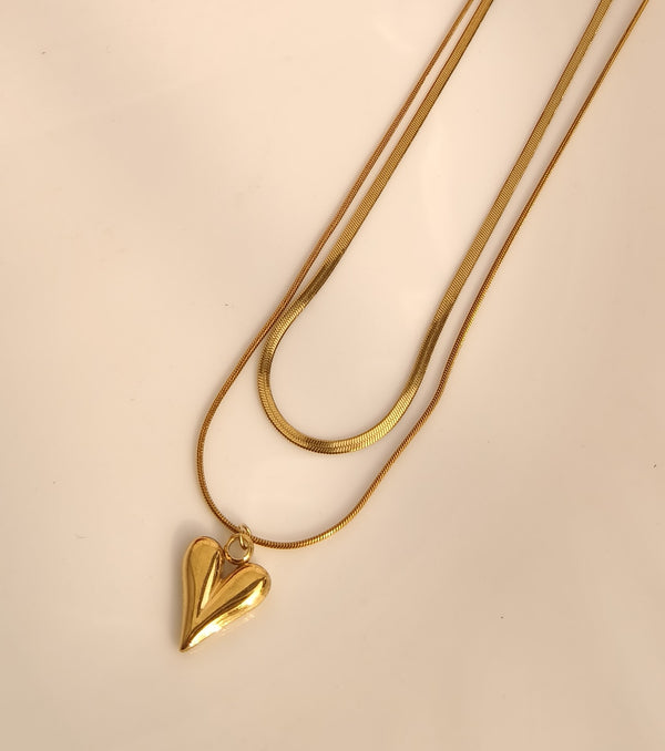 Golden Double Layer Heart Pendant Chain
