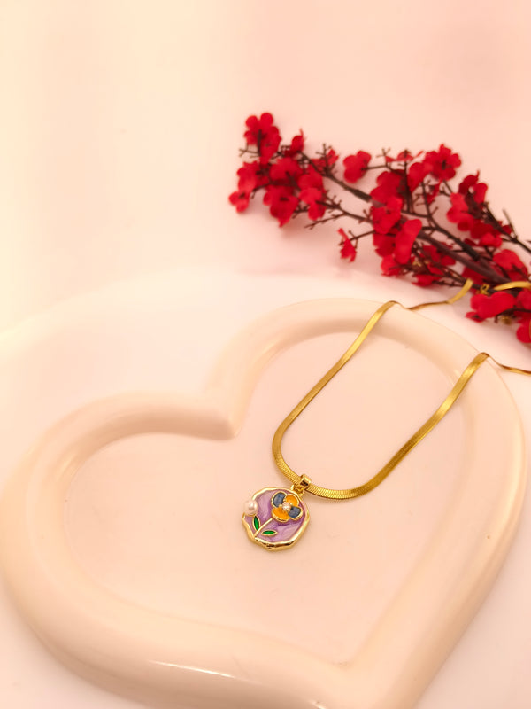 Floral Pearl Enamel Pendant Chain
